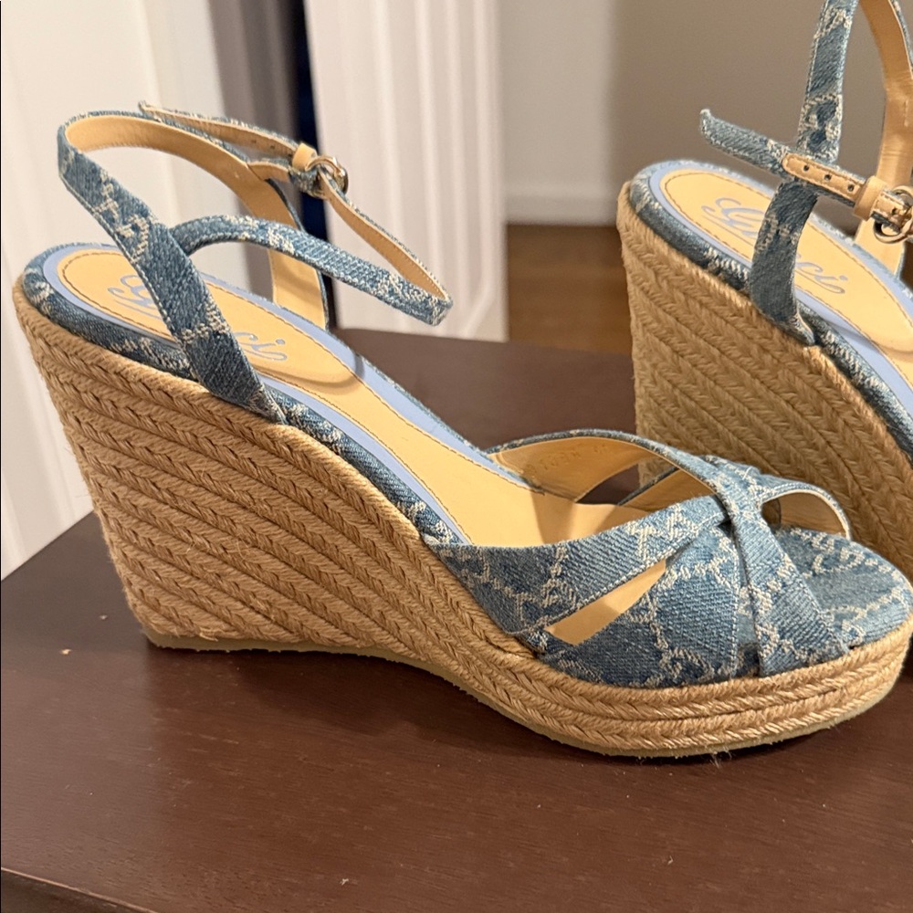 Authentic Gucci Blue Patterned Wedge Sandals - image 2